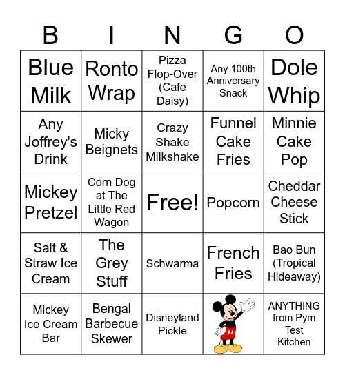 Disneyland Snack Bingo Card