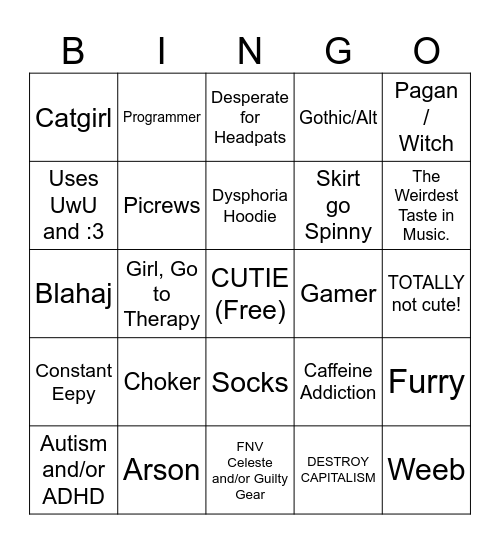 Transfem Stereotype Bingo Card