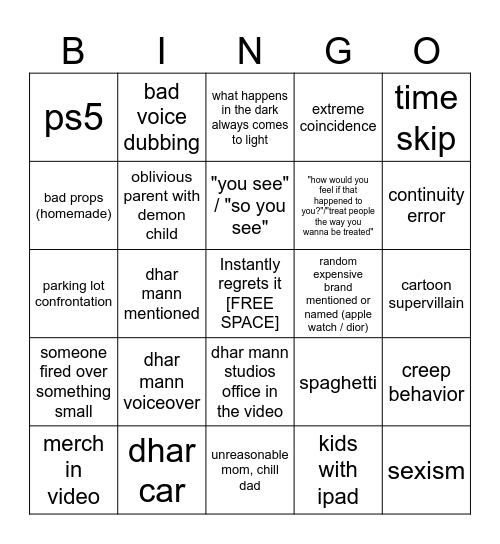 Dhar Mann Bingo v3.5 Bingo Card