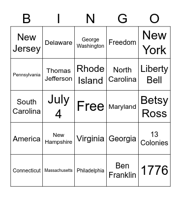 July 4th -  13 Colonies Bingo Card