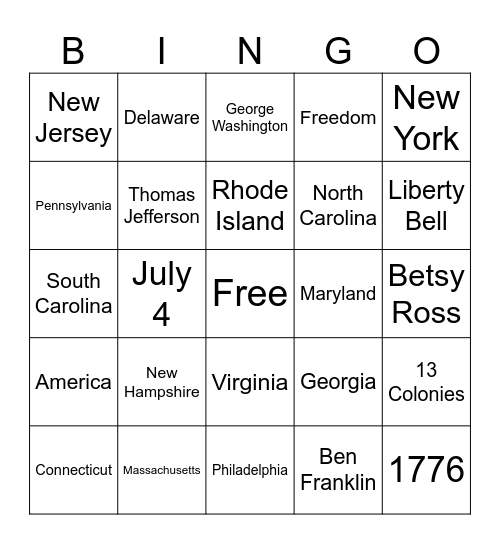 July 4th -  13 Colonies Bingo Card