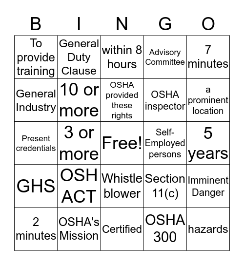 Intro to OSHA Bingo Card