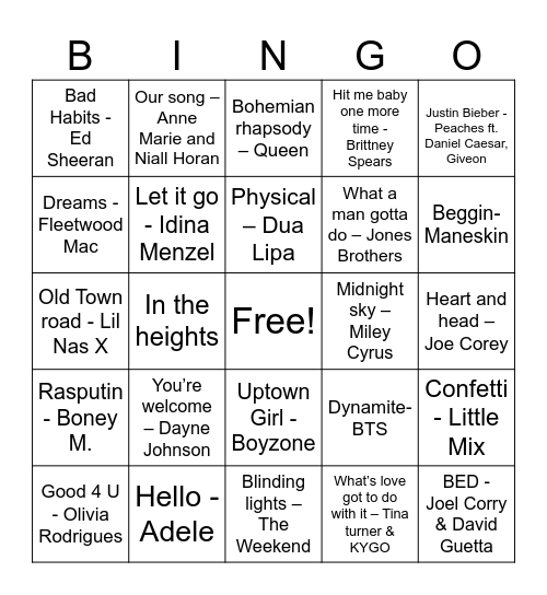 Musical Bingo Card