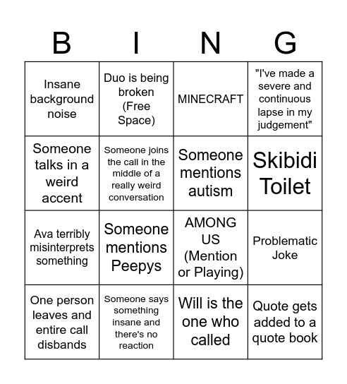 B I N G Bingo Card