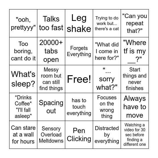 ADHD Bingo Card