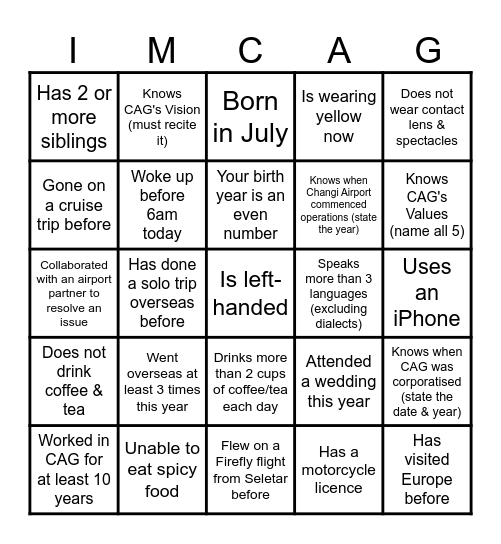 Bingo Round 1 Bingo Card