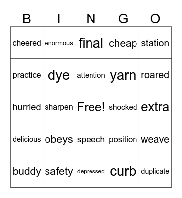 story vocab Bingo Card
