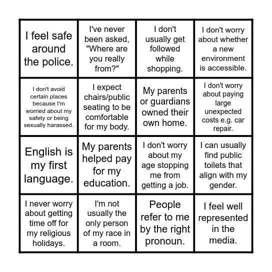 Check your privilege Bingo Card