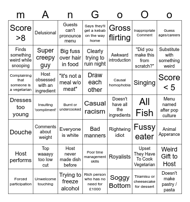 Come Dine With Me Bingo Card