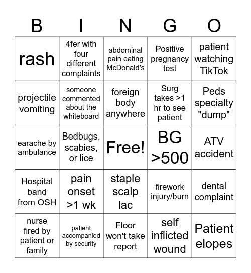 CHP ED Bingo Card