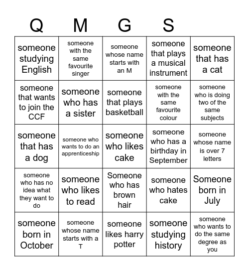 QMGS Human Bingo Card