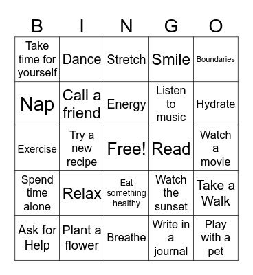 Self Care Bingo Card