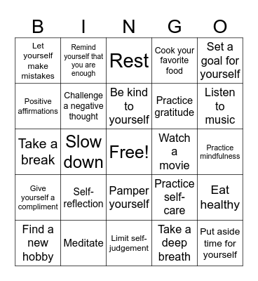 Self-Compassion Bingo Card
