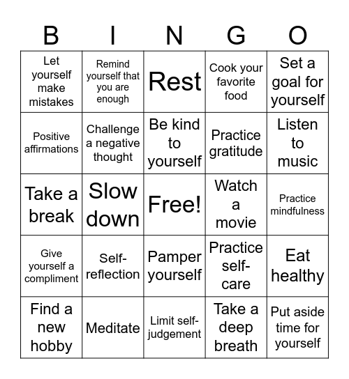 Self-Compassion Bingo Card