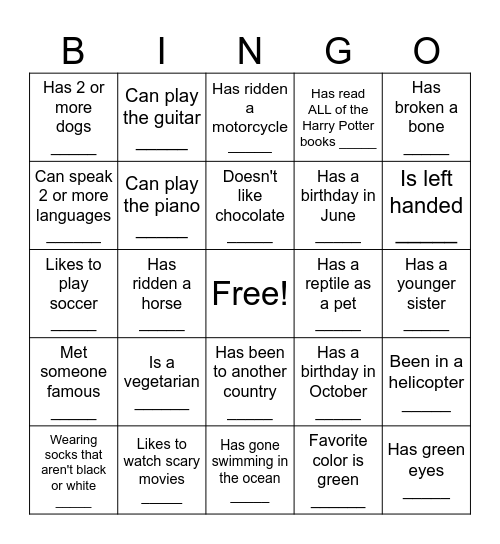 Human Scavenger Hunt Bingo Card