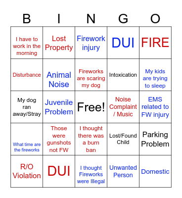 4th Of July 911 Dispatcher Bingo Card