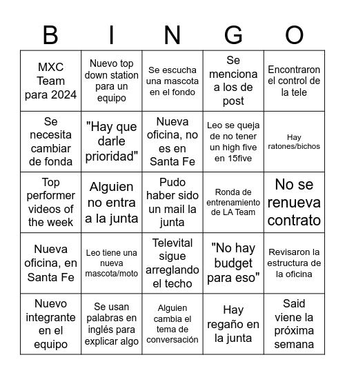 MXC Quick Update Bingo Card