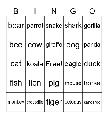 Animals Bingo Card