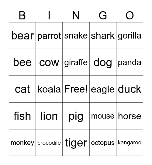 Animals Bingo Card