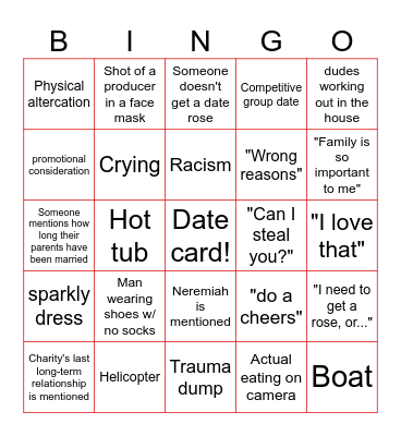 Bachelorette Bingo: Charity Edition Bingo Card