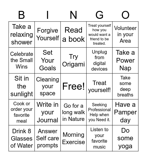 Self Care Bingo Card