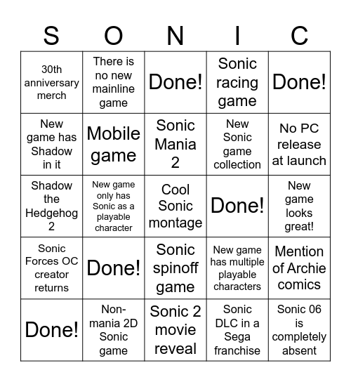 Sonic Direct Bingo Card