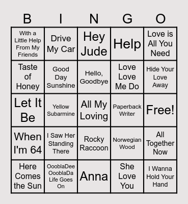 BEATLES Bingo Card