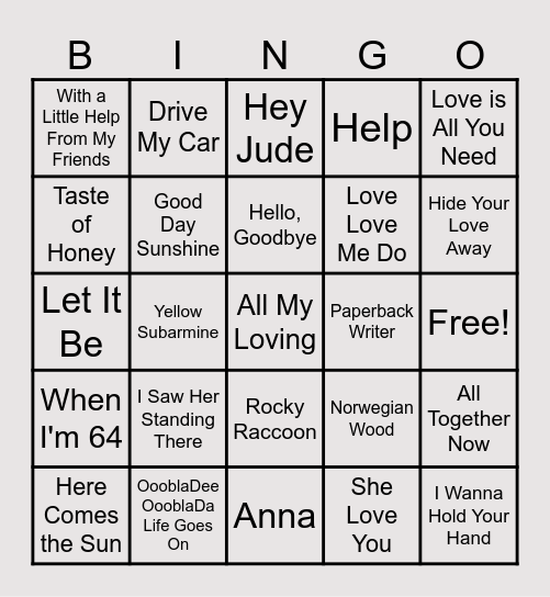 BEATLES Bingo Card