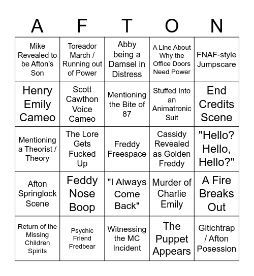 Frederich von Fazbear Movie Bingo Card