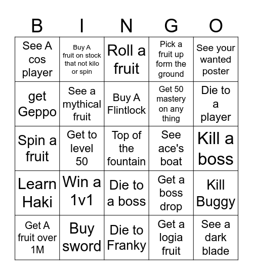 Blox fruit second sea Bingo Card