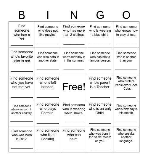 Find Someone Who Bingo Card