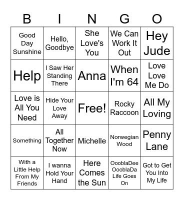 Beatles Bingo Card