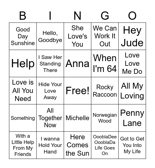 Beatles Bingo Card