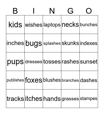 Suffix Bingo 's' and 'es' Bingo Card