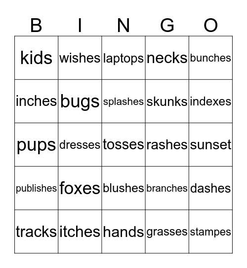 Suffix Bingo 's' and 'es' Bingo Card