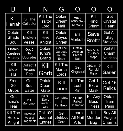 Hollow Knight Bingo! Bingo Card