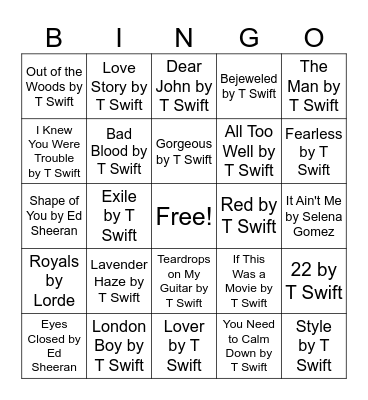 Taylor Swift and Her Friends Bingo Card