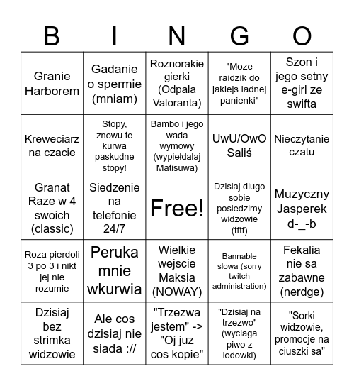 Classic Strimek Rozy Bingo Card