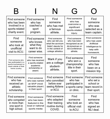 Student-Athlete "People Bingo" Bingo Card