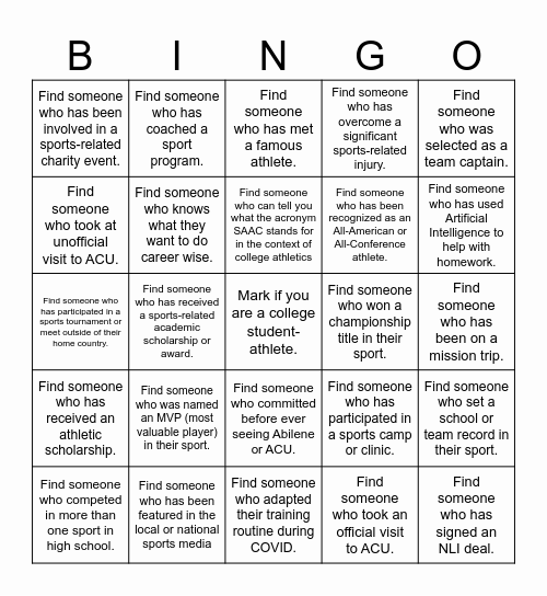 Student-Athlete "People Bingo" Bingo Card