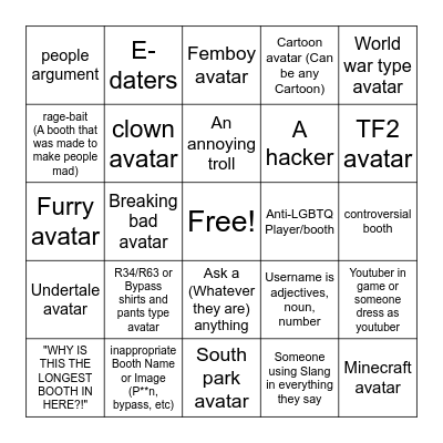 rate my avatar Bingo Card