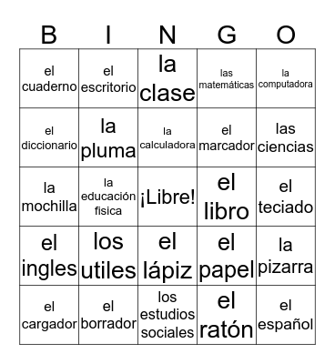 Español Bingo Card