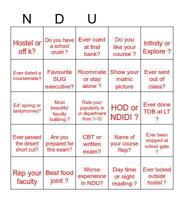 NDU CHALLENGE Bingo Card