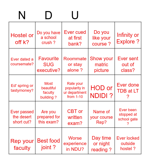 NDU CHALLENGE Bingo Card