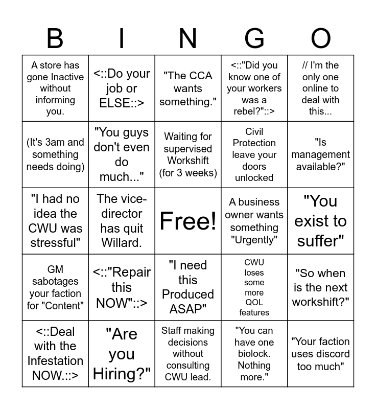 Civil Workers Union Bingo Card