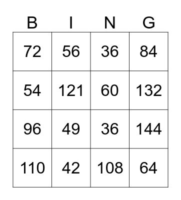 Multiplication Review Test # 7 Bingo Card
