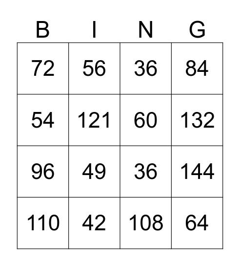 Multiplication Review Test # 7 Bingo Card