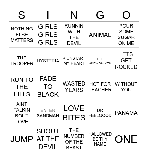 829 METALLICA VS IRON MAIDEN VS MOTLEY CRÜE VS VAN HALEN VS DEF LEPPARD Bingo Card