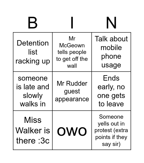 Year Assembly Bingo (still in progress) Bingo Card