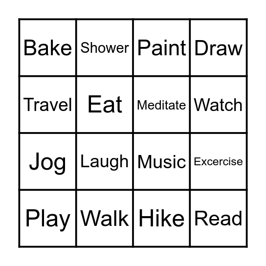 Stress Reliever BINGO Card